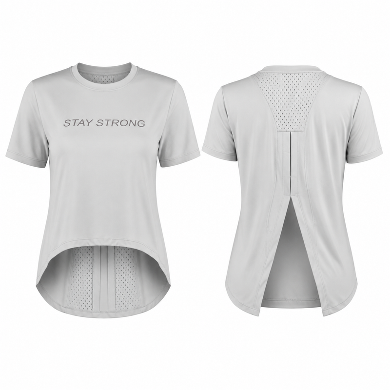 تیشرت ورزشی زنانه STAY STRONG رنگ آبی طوسی با پشت باز مناسب تمرین