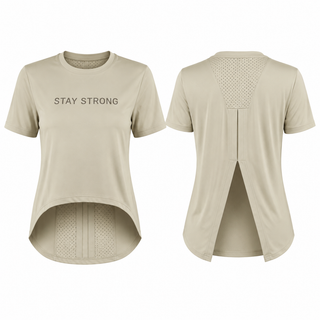 تیشرت ورزشی زنانه STAY STRONG رنگ کرم با طراحی پشت باز و پارچه سبک