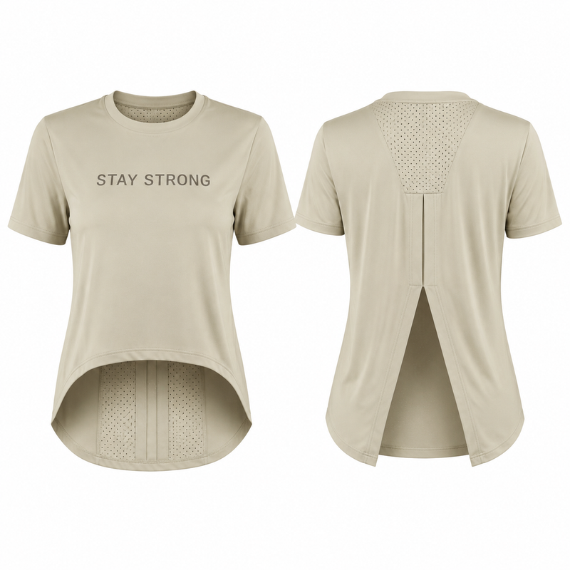 تیشرت ورزشی زنانه STAY STRONG رنگ کرم با طراحی پشت باز و پارچه سبک