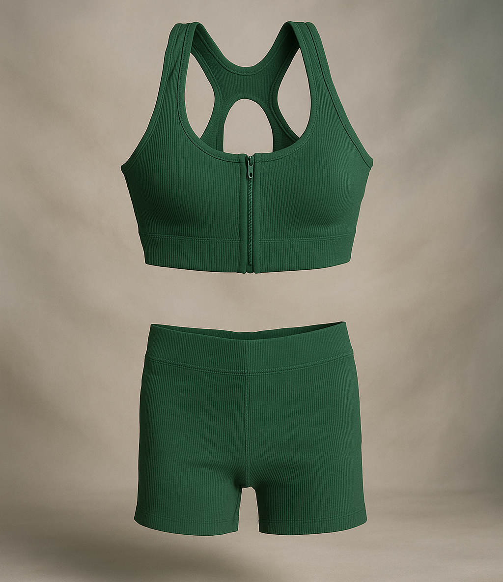 ست نیم‌تنه زیپدار و شلوارک سبز تیره