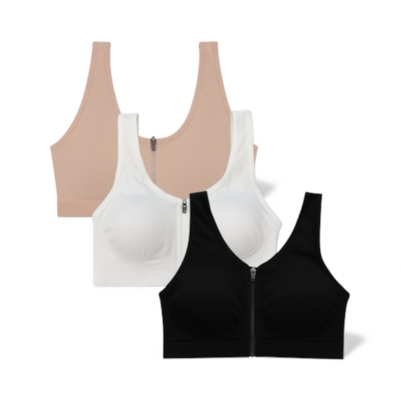 سوتین ورزشی زیپی زنانه در سه رنگ مشکی، سفید و کرم‌پوست؛ بدون فنر، مناسب ورزش و استفاده روزمره