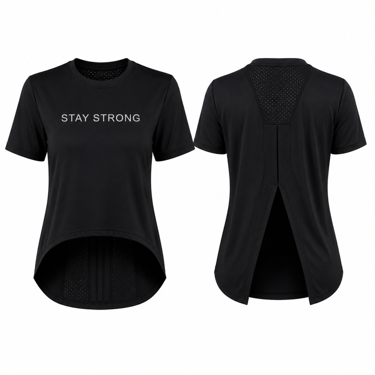تیشرت ورزشی زنانه STAY STRONG رنگ مشکی با طراحی پشت باز و پارچه تنفسپذیر