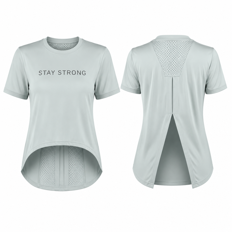 تیشرت ورزشی زنانه STAY STRONG رنگ طوسی روشن با قابلیت گردش هوا