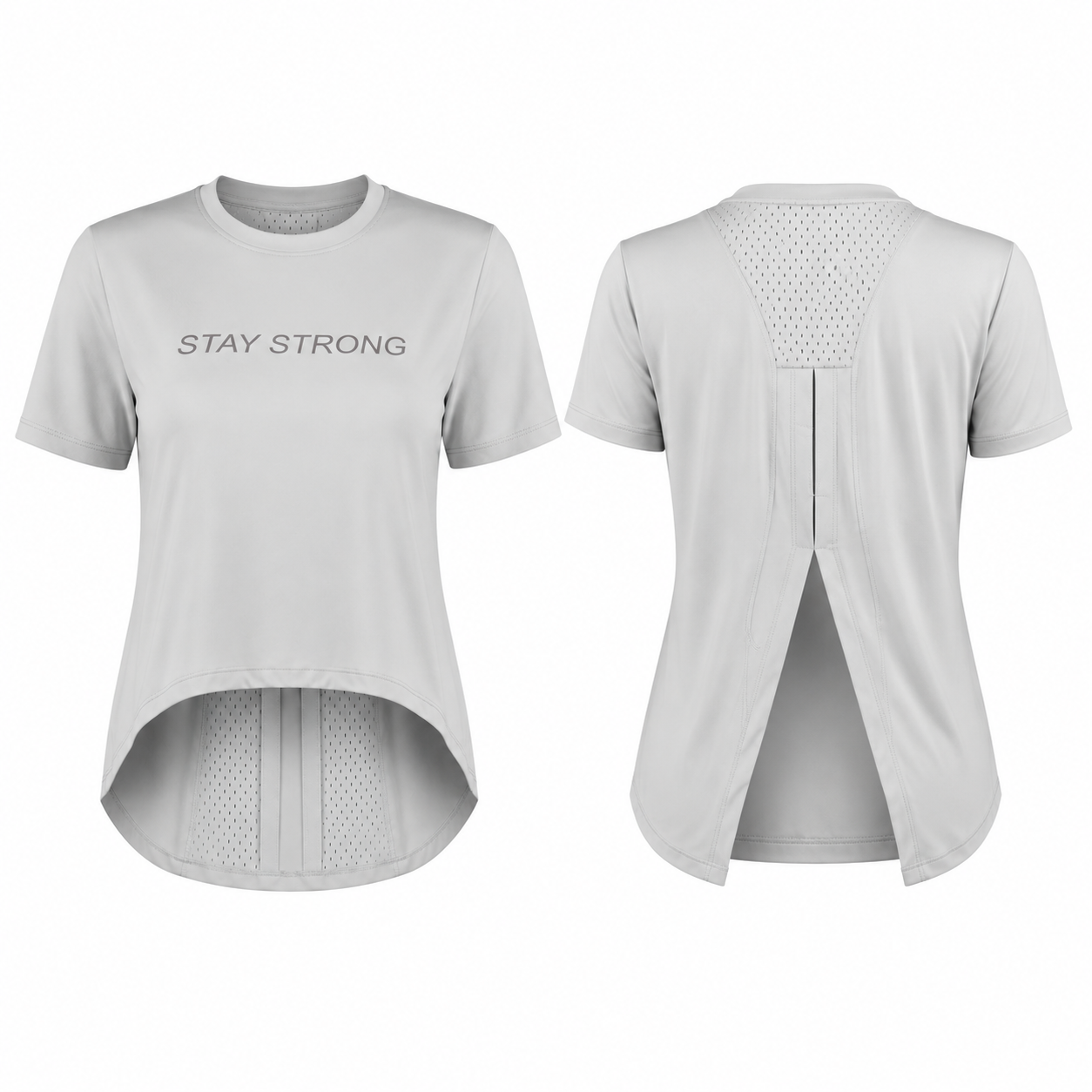 تیشرت ورزشی زنانه STAY STRONG رنگ آبی طوسی با پشت باز مناسب تمرین