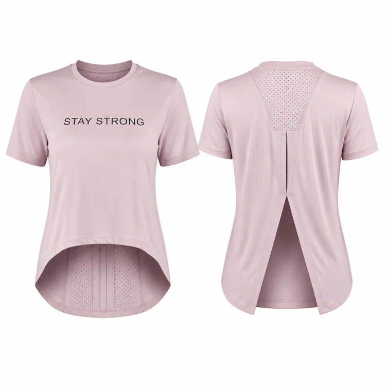 تیشرت ورزشی زنانه STAY STRONG رنگ صورتی با پشت مشبک مناسب باشگاه و ورزش