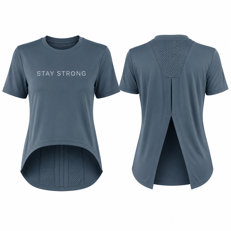 نمای جلو و پشت تیشرت ورزشی زنانه STAY STRONG در رنگبندی متنوع